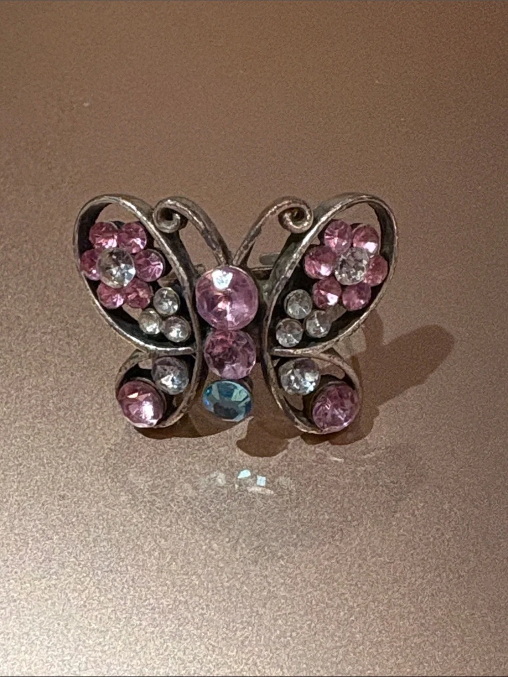 Vintage Pink and Clear Butterfly Ring size 7 adjustable